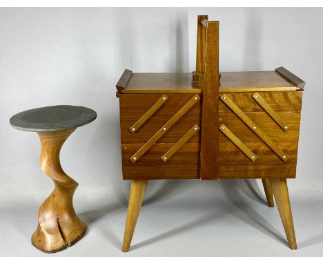 VINTAGE CANTILIVER SEWING BOX WITH CONTENTS & A TURNED WOOD WITH SLATE TOP OCCASIONAL TABLE, 61 (h) x 48cms (across, closed) 