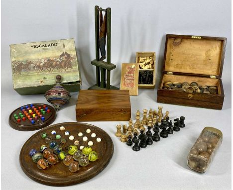 VINTAGE GAMES COLLECTION, to include antique solitaire board, marbles and ball bearings, Bakelite solitaire board, Staunton b