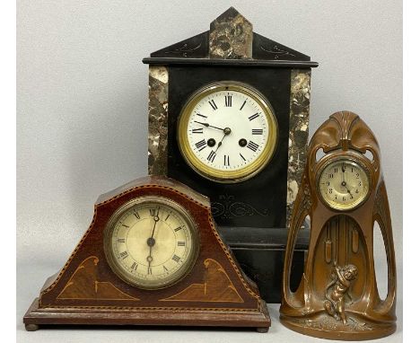 THREE MANTEL CLOCKS, late 19th/early 20th century, black slate and marble with circular enamel dial, black Roman numerals, ei