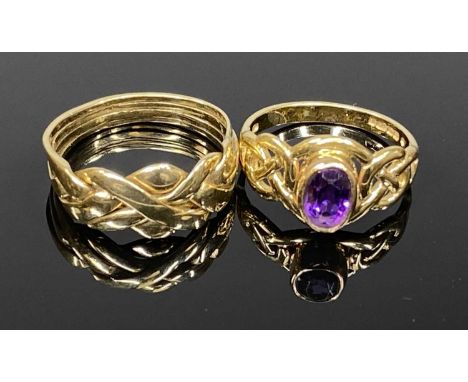 TWO 9CT GOLD RINGS comprising a Clogau Gold and amethyst ring, size L, 2.6gms, original box and a Birmingham 1976 puzzle ring