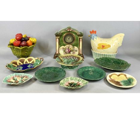 MIXED CERAMICS GROUP, to include majolica leaf pattern plates and dishes, transfer decorated mantel clock, 29cms (h), decorat