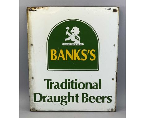 VINTAGE ENAMEL SIGN, 'Banks's Traditional Draught Beer', green/yellow lettering on cream ground, 63.5 x 52cmsProvenance: priv
