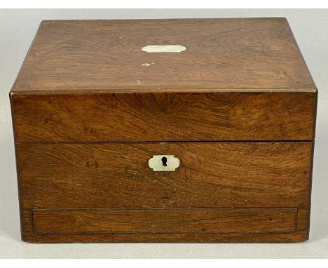 VICTORIAN ROSEWOOD TRINKET BOX, the hinged cover with mother of pearl inlaid cartouche, interior fitted with various bottles 