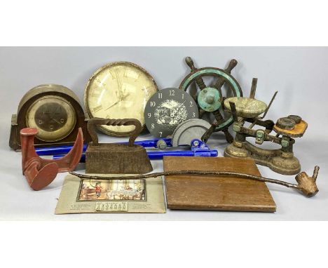 MIXED COLLECTABLES GROUP, to include wall and mantel clocks, set of pipe benders, small ships/boat wheel, cast iron scales et