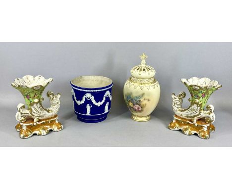 SMALL GROUP OF MIXED CERAMICS including porcelain cornucopia vases a pair, decorated with flowers and birds and ornately gild