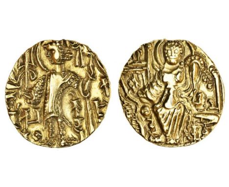 Kidarite, Kidara (4th century), AV Dinar, 7.84g, king standing left holding garlanded trident, kushana in right field, kidara