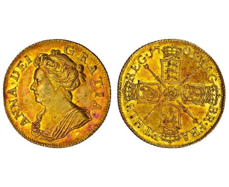 Anne (1702-14), pre-Union Guinea, 1705, draped bust left, rev. four crowned shields cruciform, sceptres in angles (MCE 211; S