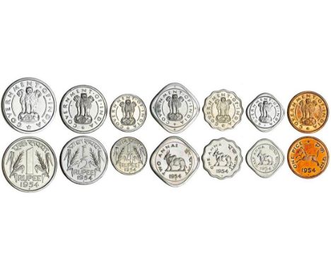 India, Republic, Proof Set 1954, Bombay mint, 1-, ½-, ¼-Rupee, 2-, 1-, ½-Anna, AE Pice (KM-PS2), some light contact marks, un