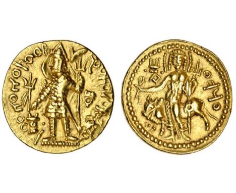 Kushan Empire, Vasu Deva II (c.267-98), AV Dinar, 8.04g, king standing left making offerings at a fire altar, holding a stand