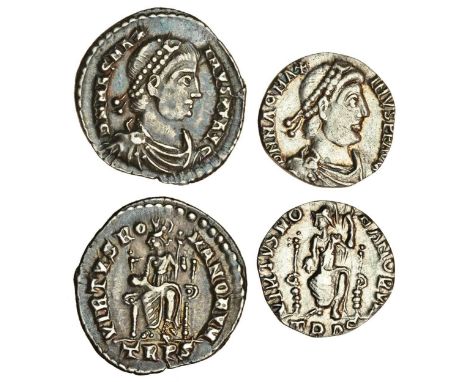 Magnus Maximus (383-388), AR Siliqua, Trier, pearl-diademed, draped and cuirassed bust right, rev. virtvs romanorvm, Roma sea