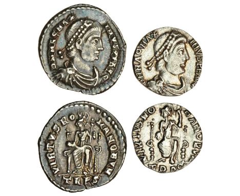 Magnus Maximus (383-388), AR Siliqua, Trier, pearl-diademed, draped and cuirassed bust right, rev. virtvs romanorvm, Roma sea