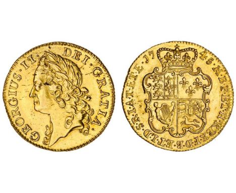 George II (1727-60), Guinea, 1745, intermediate laureate head left, larger lettering, rev. crowned shield (MCE 319; S.3678), 