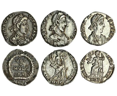 Arcadius (383-408), AR Siliqua, Milan, pearl-diademed, draped and cuirassed bust right, rev. vot / x / mvlt / xv within wreat