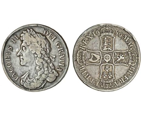 James II (1685-88), Crown, 1686, secvndo, laureate and draped bust left, no stops, rev. four crowned shields cruciform, die a