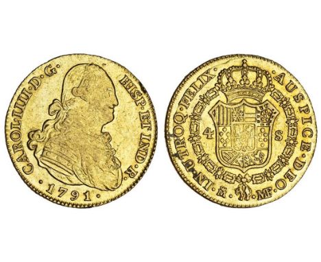 (x) Spain, Charles IV (1788-1808), Madrid, 4-Escudos, 1791 MF, bust right, rev. crowned shield (F.294; KM 436.1), good very f