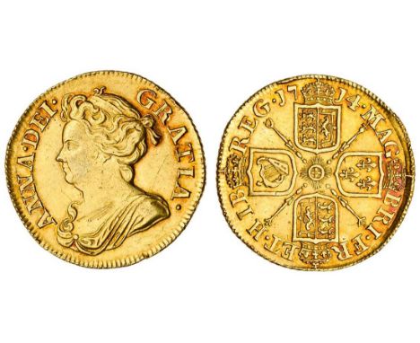 Anne (1702-14), post-Union Guinea, 1714, third draped bust left, rev. four crowned shields cruciform, sceptres in angles (MCE