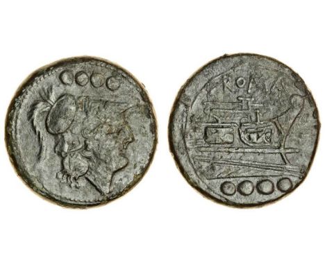 Roman Republic (c.217-215 BC), AE struck Triens, 27.49g, head of Minerva right, wearing crested Corinthian helmet, four pelle