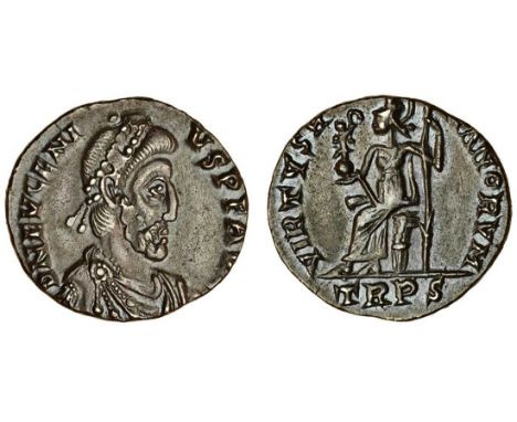 Eugenius (392-394), AR Siliqua, Trier, pearl-diademed, draped and cuirassed bust right, rev. virtvs romanorvm, Roma seated le