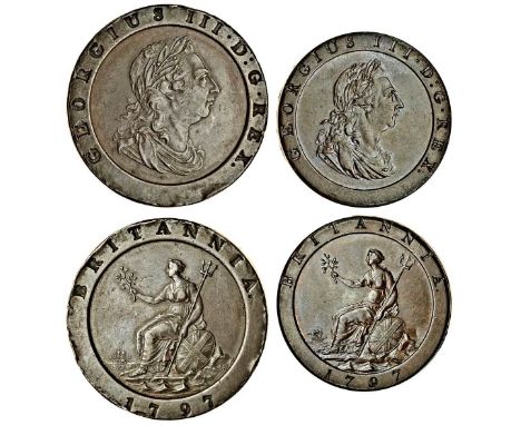 George III (1760-1820), 'Cartwheel' coinage, Twopence, 1797, Penny, 1797, ten leaves, laureate and draped bust right, rev. Br