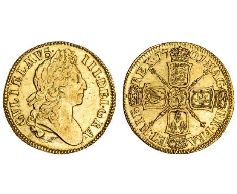 William III (1694-1702), Guinea, 1701, second laureate bust right, rev. four crowned shields cruciform, with human-headed har