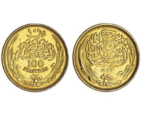 Egypt, British Protectorate, Hussein Kamil (as sultan 1914-1917), AV 100-Piastres, 1916 / AH1335, legend and denomination wit