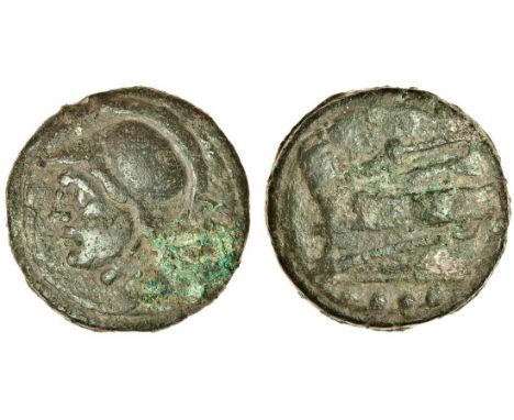 Roman Republic (c.225-217 BC), AE cast Triens, 85.87g, head of Minerva left, wearing Corinthian helmet, rev. prow left, four 