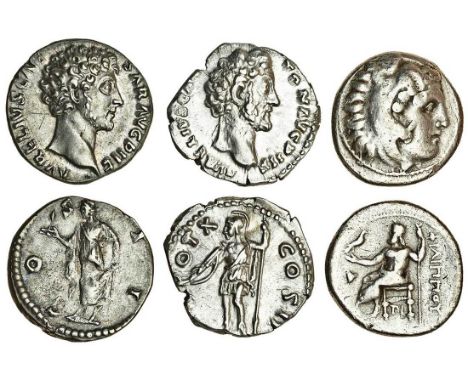 M. Aurelius (AD 161-180), AR Denarius, as Caesar, bare head right, rev. Virtus standing left, holding parazonium and spear (R