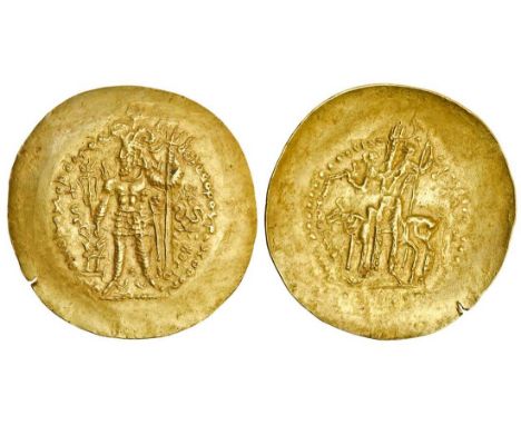 Kushano-Sasanian, Vahram Kushanshah, under Kidarite rule (c.335-60), scyphate AV Dinar, 8.20g, Balkh, king standing left wear