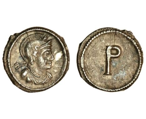 Period of Constantine (5th -6th cents AD), AR Half Siliqua, 1.07g, Constantinople, helmeted and draped bust of Roma right, re