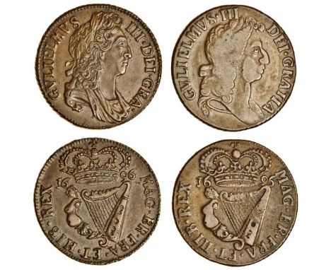 Ireland, William III (1694-1702), Halfpennies (2), 1696, type I and II, laureate and draped bust right, crowned harp (DF 498,