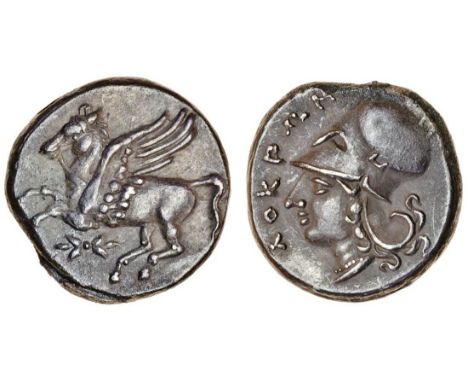 Bruttium, Lokroi Epizephyrioi (c.317-310 BC), AR Stater, 8.57g, Pegasos flying left, thunderbolt below, rev. okpn, head of At