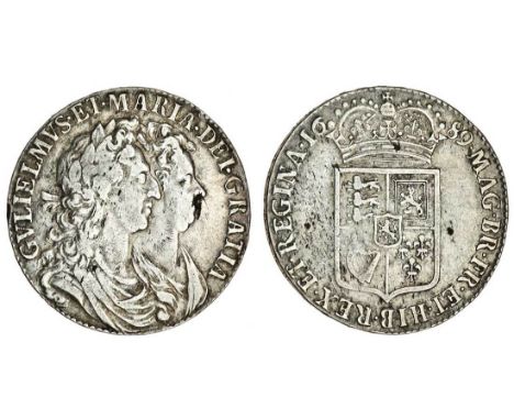 William and Mary (1688-94), Halfcrown, 1689, primo, firsts busts right, rev. first crowned shield , caul only frosted, pearls
