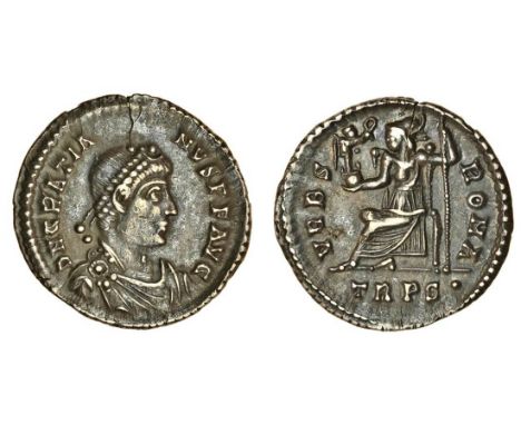 Gratian (367-383), AR Siliqua, Trier, pearl-diademed, draped and cuirassed bust right, rev. vrbs roma, Roma seated left, hold