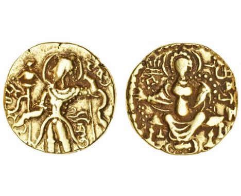 Gupta Empire, Chandragupta II (380-414), AV Dinar, 7.67g, archer type, king standing left, holding a bow right, garuda on a s