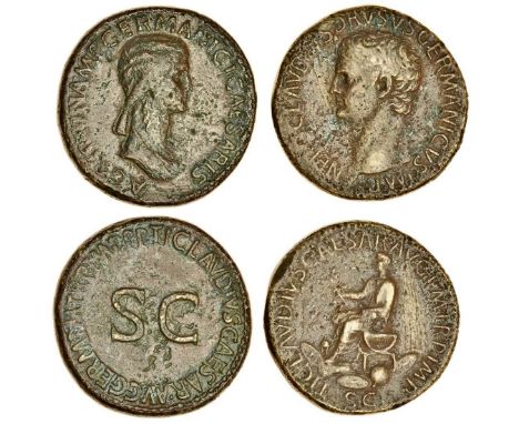 Nero Claudius Drusus (†9 BC), AE Sestertius, struck under his son Claudius, bare head left, rev. Claudius (?) seated left on 