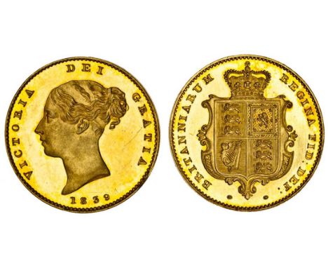 Victoria (1837-1901), proof Half-Sovereign, 1839, struck en médaille, young head left, date below, rev. crowned shield, edge 