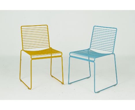 TWO 'TARIFA' OUTDOOR/INDOOR CHAIRS BY ISI DESIGN GROUP Coated steel in yellow and blue 79cm high x 47.5cm wide x 50cm deep Co