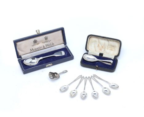 A GROUP OF ENGLISH SILVER SPOONS
Comprising: a George IV caddy spoon, Ledsam &amp; Vale, Birmingham 1821, with foliate engrav