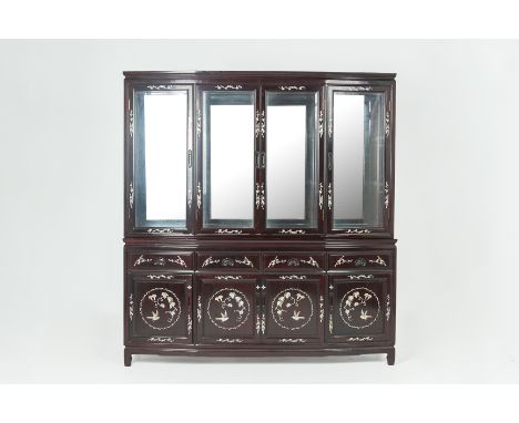 A MOTHER OF PEARL INLAID ROSEWOOD DISPLAY CABINET
Decorated with birds and flowering foliage, the upper portion with two pair