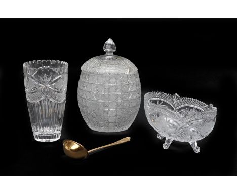 A GROUP OF THREE BOHEMIA CRYSTAL ITEMS
Comprising a large punch bowl and cover, with a gold plated ladle; a footed oval bowl 