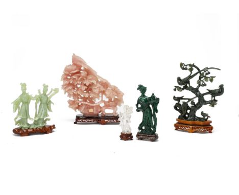 A GROUP OF FIVE JADE AND HARDSTONE CARVINGS
Comprising a rose quartz model of birds amongst roses (damages/restorations), a c