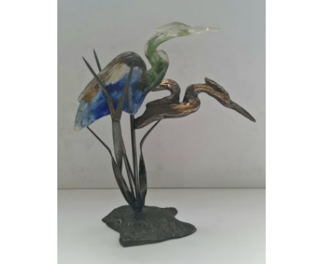 An Yves Lohe signed bronze and glass sculpture of herons height approx 38 cm.