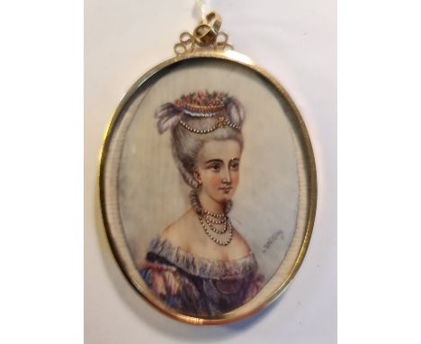 A 19th century portrait miniature on ivory of a lady with feathers and jewels in hair with pearl necklace and blue dress in g