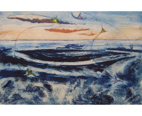 Pauline Bradley. A collagraph print of a seascape entitled "Kites on the Shore". 58cm x 39cm.