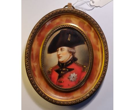 A 19th century portrait miniature on ivory of a George III in military uniform - indistinctly signed in metal oval frame. Thi