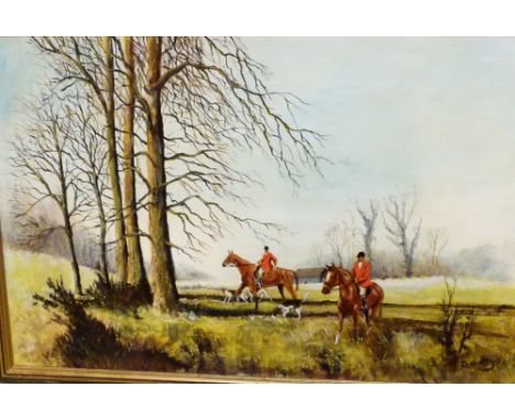 HUNTING OIL PAINTING. Large oil on canvas of a HUnting Scene, signed Bently, 90 x 64 cm