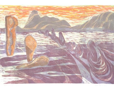 Kit Falla MBE FPS (British, b.1924), 'Narrative', woodcut print, artists proof, signed and titled in pencil to lower margin, 