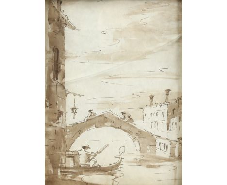 Vintage sepia watercolour of a bridge over a canal in Venice, unsigned, framed, 22 x 16cm       Folds, creases and undulation