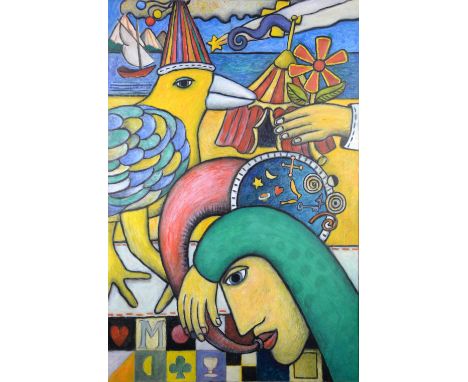 Mervyn Charlton (British, b.1945) 'Magic Music', oil on canvas, in white wooden frame, 92 x 61cm.  With purchase receipt and 