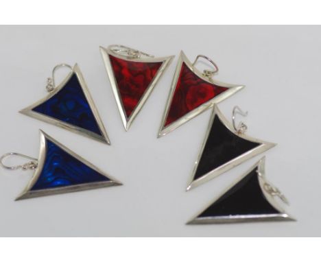 Three pairs of silver 'arrow' shaped earrings blue, red and black, all marked 925